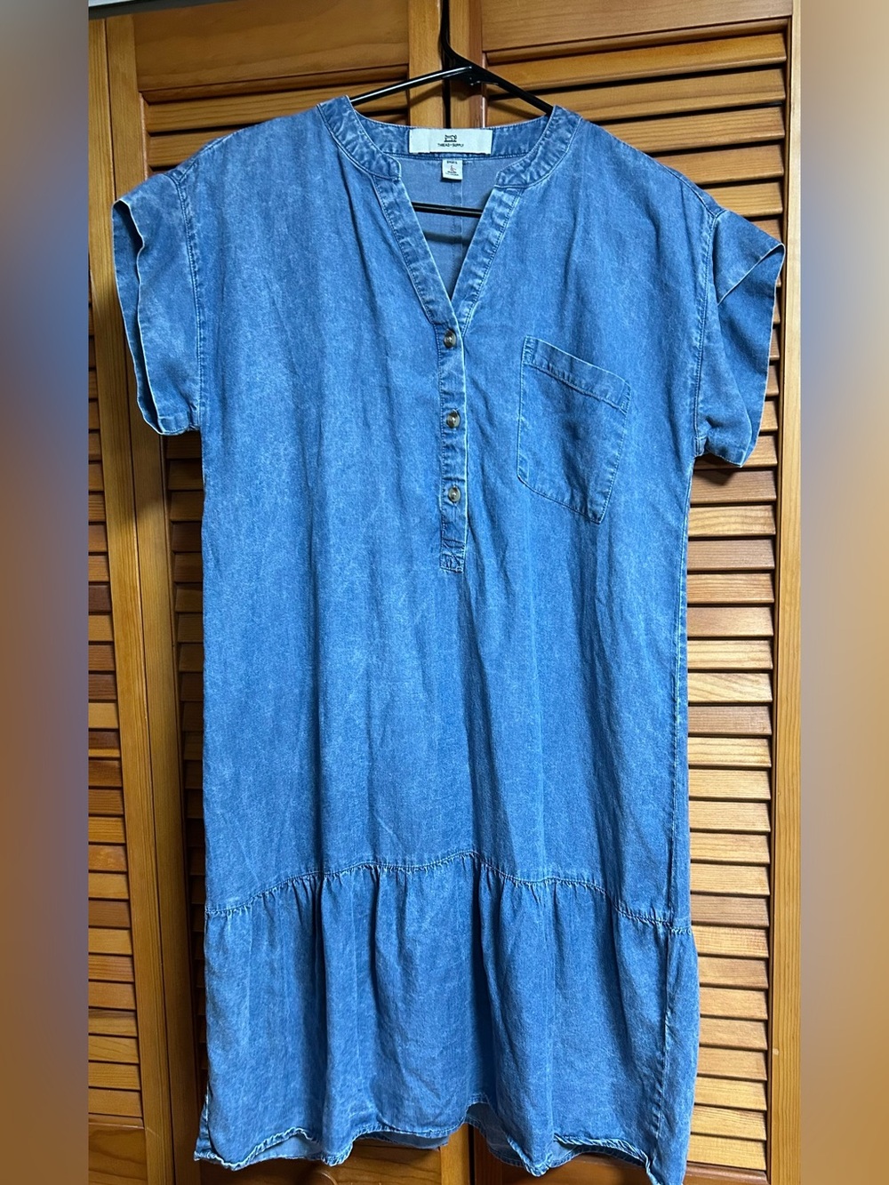 Thread & Supply Light Blue Denim-Look Short Sleeve Dress with Ruffle Hem